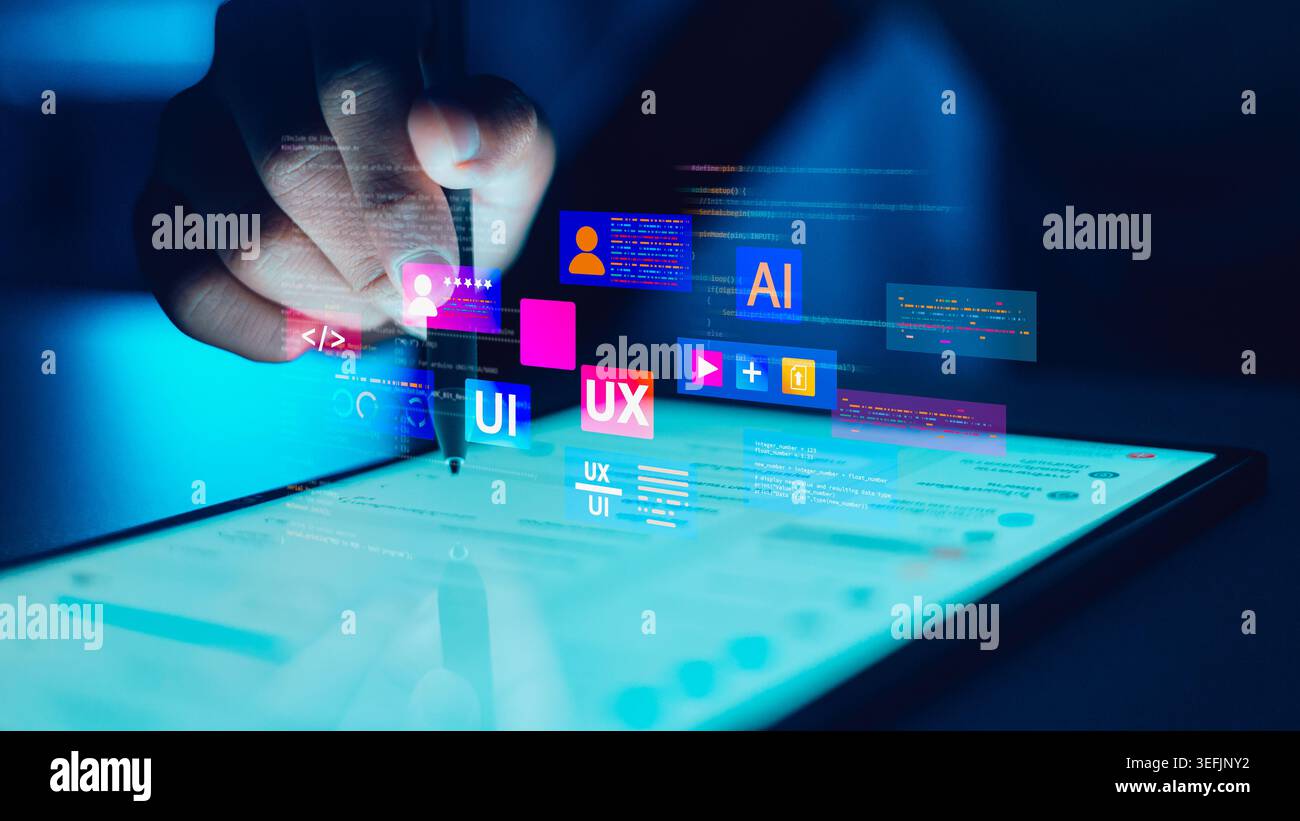 Designer hand using stylus on tablet with UI UX interface icons and AI code. Professional developer working on application design. Digital technology Stock Photo