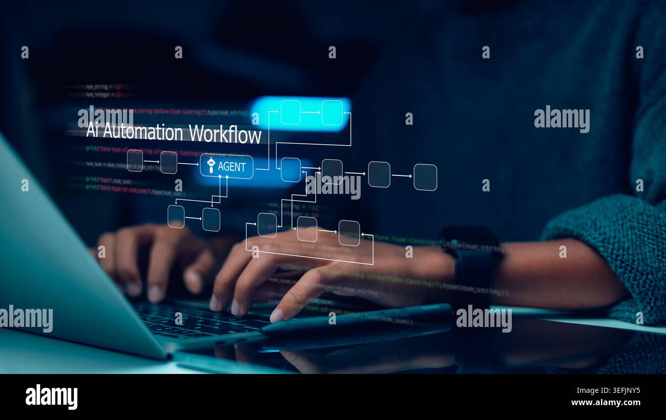 Developer using laptop with AI automation workflow and agent process layout. Concept of machine learning, system optimization, and digital transformat Stock Photo