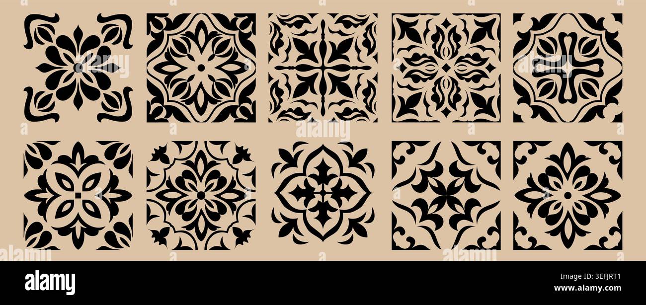 Set of 10 tiles azulejos. Mediterranean tiles, seamless patterns. Spanish, Sicilian, Portuguese, Italian traditional ornaments. Vector Stock Vector