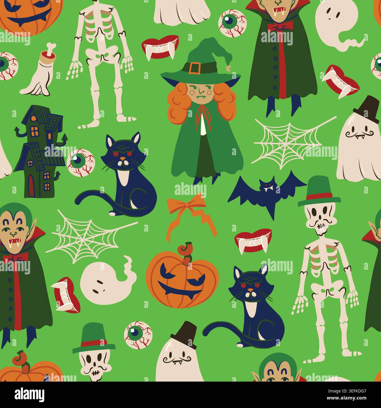 Ghost Halloween seamless pattern with cute characters spooky elements illustration collection design Stock Vector