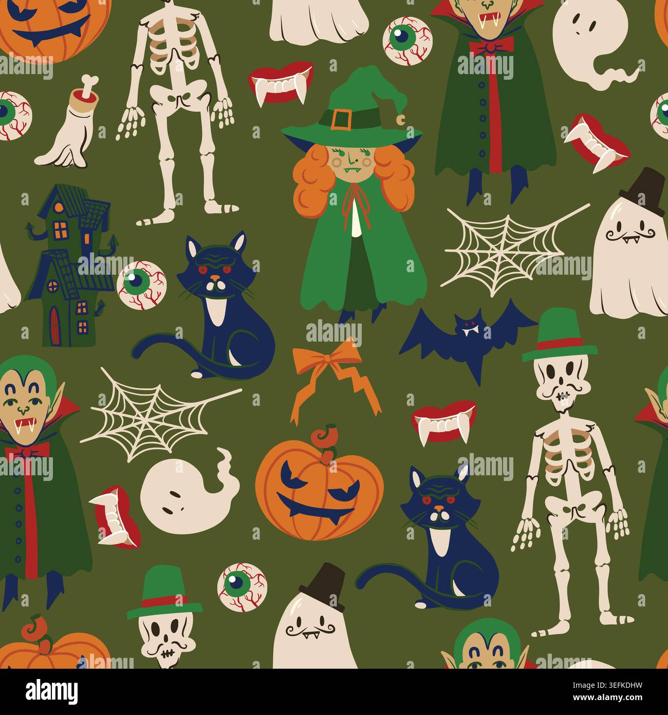 Ghost Halloween seamless pattern with cute characters spooky elements illustration collection design Stock Vector