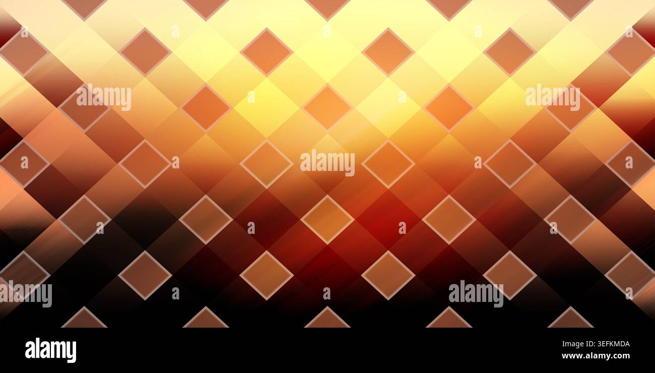 A vibrant abstract image featuring a geometric pattern of overlapping squares and rectangles in shades of orange, yellow, and black, creating a warm a Stock Photo