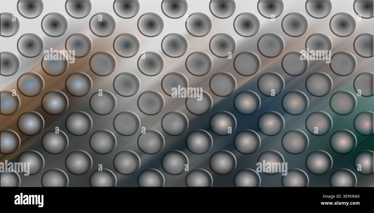An abstract background featuring a metallic surface with a repeating circular hole pattern, enhanced by soft, subtle color transitions and light refle Stock Photo