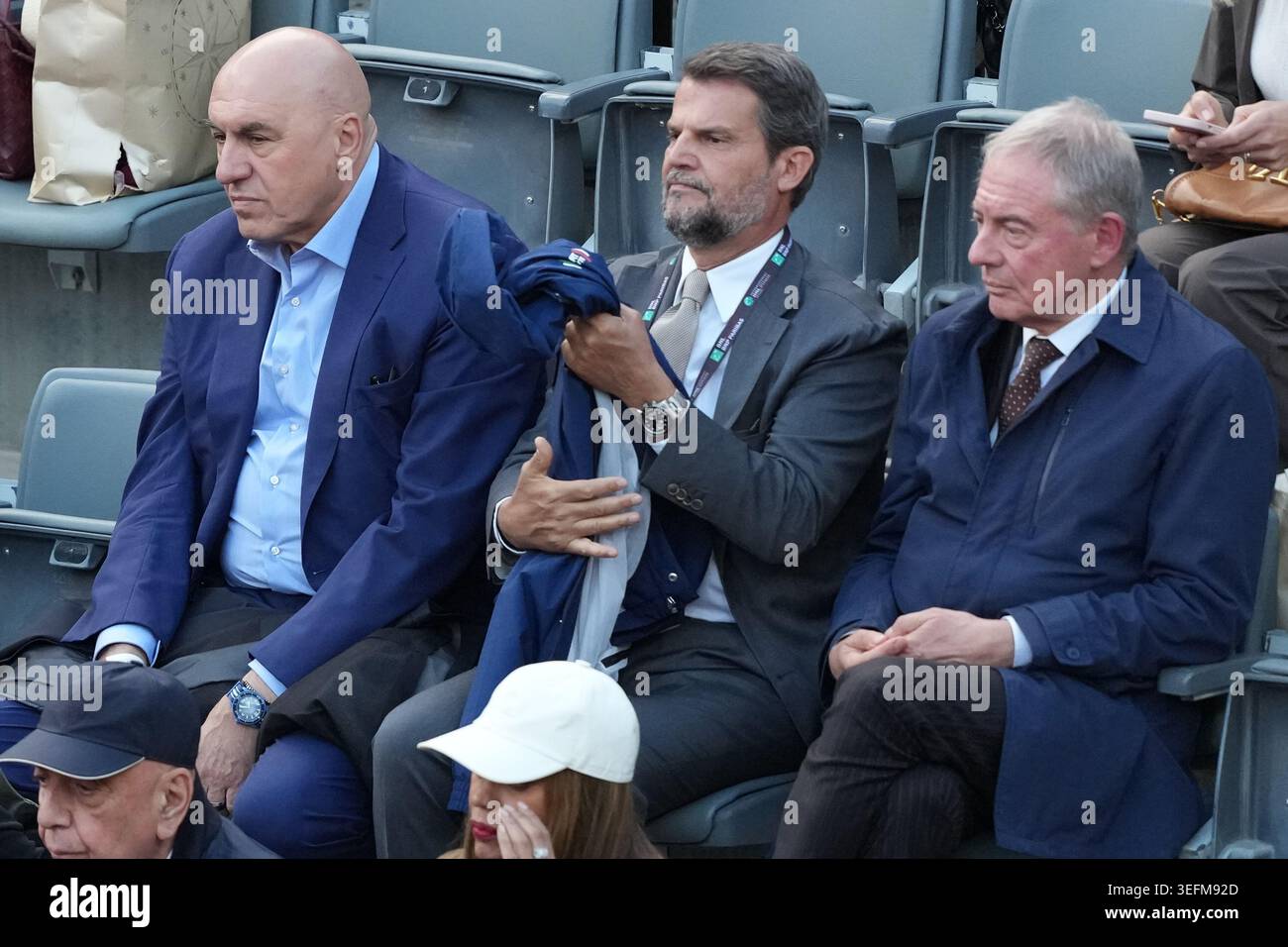 Rome, Italy. 15th May, 2026. Italian defence minister Guido Crosetto (l) attends the semifinal match between Jannik Sinner of Italy and Daniil Medvedev of Russia at the Internazionali BNL d'Italia 2026 tennis tournament at Foro Italico in Rome (Italy) on May, 15, 2026. Credit: Insidefoto/Alamy Live News Stock Photo
