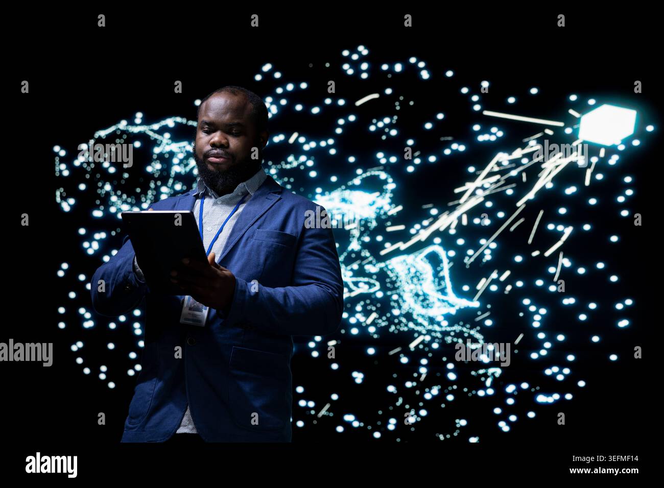 Software developer implementing deep learning algorithms for AI system using tablet app. African american man using device to build artificial intelligence neural network architecture Stock Photo