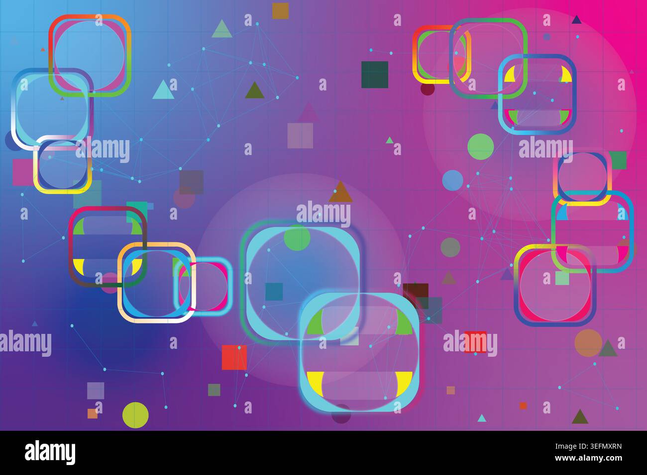 A dynamic abstract design featuring multiple overlapping rounded square shapes in various sizes and translucent colors Stock Vector