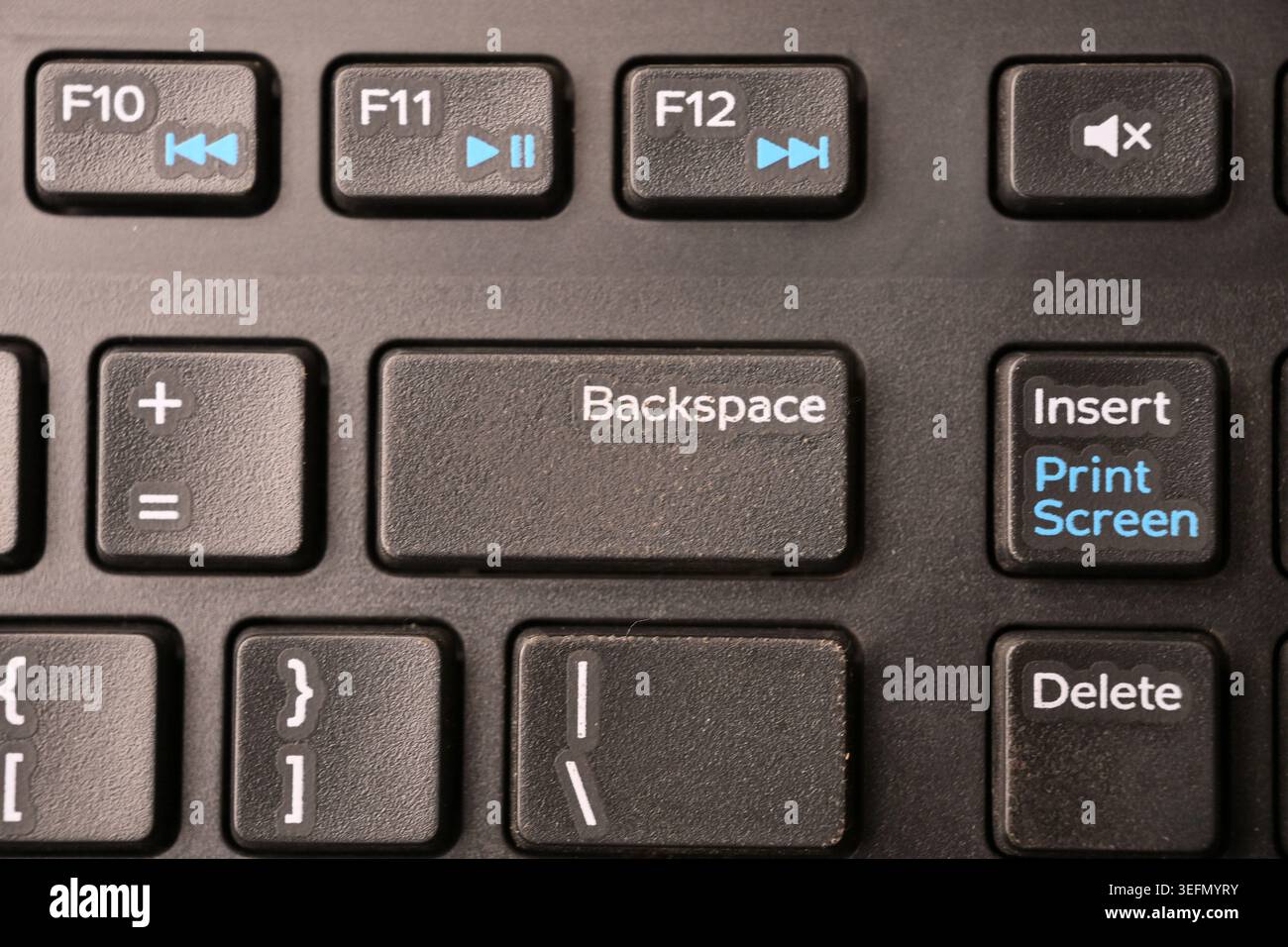 Black Computer Keyboard Macro Shot Highlighting Backspace Key with Soft Blurred Backgrounds Top View Stock Photo