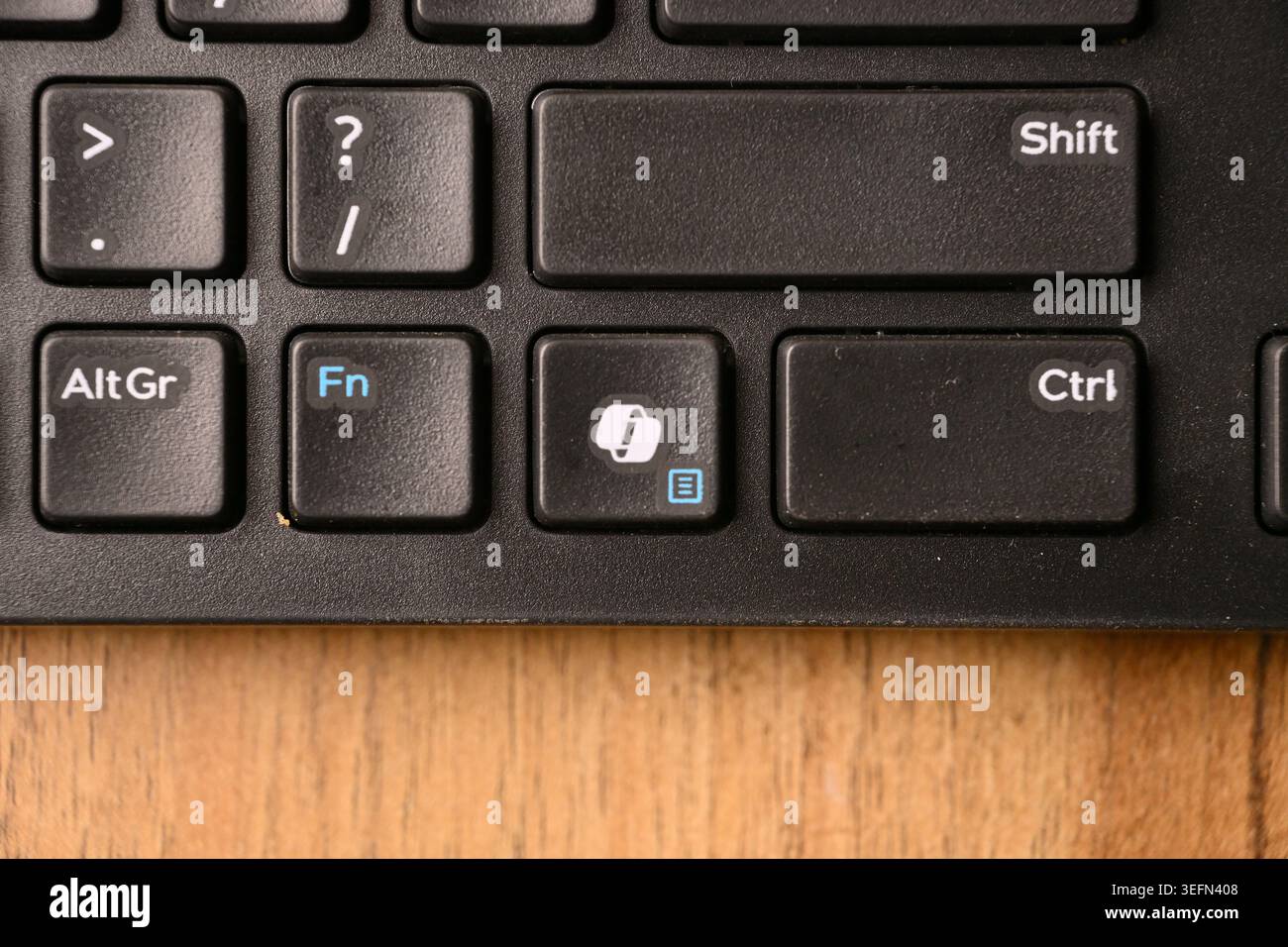 Black Computer Keyboard Macro Shot Highlighting Menu Key with Blurred Backgrounds Top View Stock Photo
