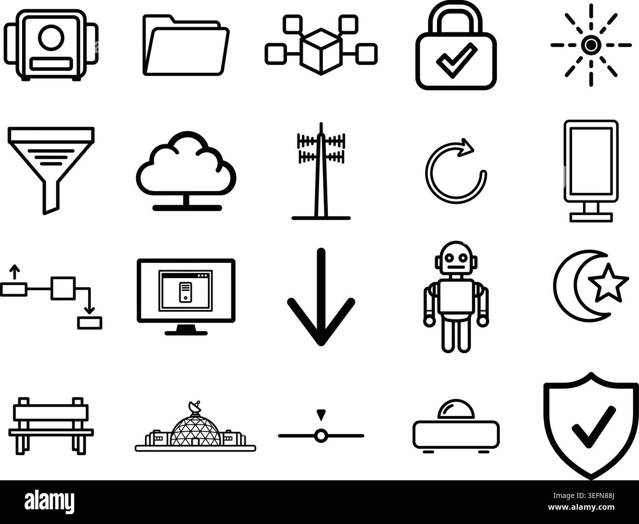This collection features various outlined icons representing concepts such as data transfer, security, cloud computing, and smart devices, perfect for Stock Vector