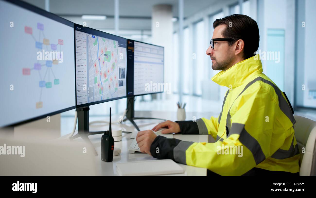 Experienced Police Analyst Studies Crime Patterns Using Advanced Geospatial Software. Stock Photo