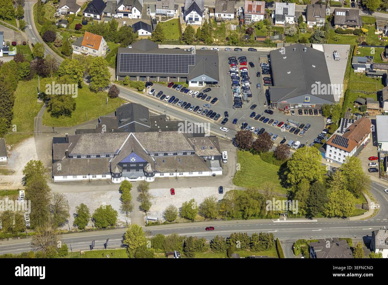 Aerial view, shooting hall St. Hubertus Schuetzenbruderschaft, shopping ...