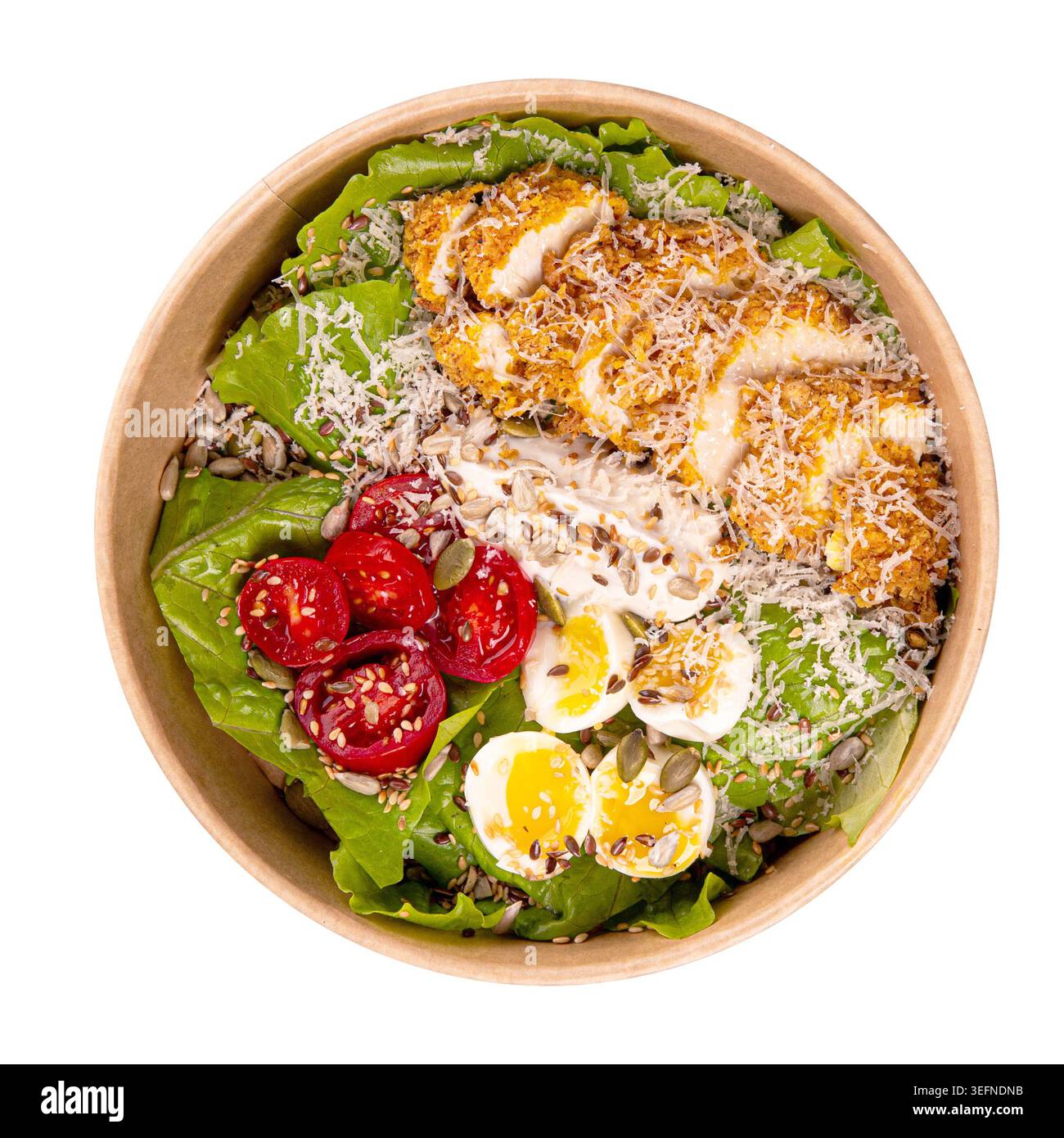 Chicken salad with egg tomatoes and cheese in bowl Stock Photo
