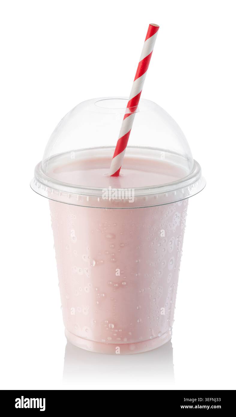 Strawberry milkshake in takeaway plastic clear dome cup with condensation drops isolated on white background Stock Photo