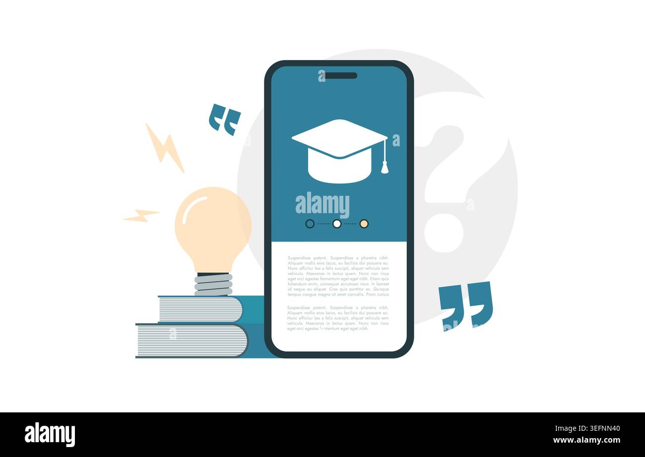 Online learning with mobile education and digital content in smartphone interface. Study lessons and access knowledge for online education growth, skill development with e-learning tools illustration. Stock Vector