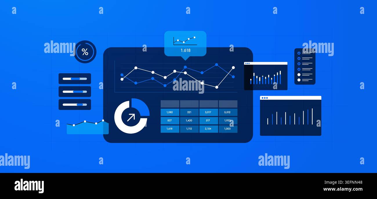 Performance dashboard with analytics charts and KPI metrics for business tracking. Performance dashboard with data visualization and reporting tools for digital analytics vector illustration. Stock Vector