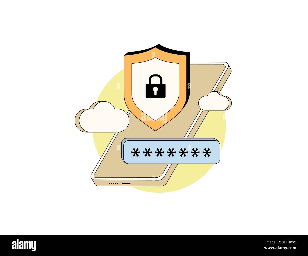 Mobile security shield protects smartphone with lock password field clouds background symbolizing protection data safety cybersecurity technology concept, isolated outline modern vector illustration. Stock Vector