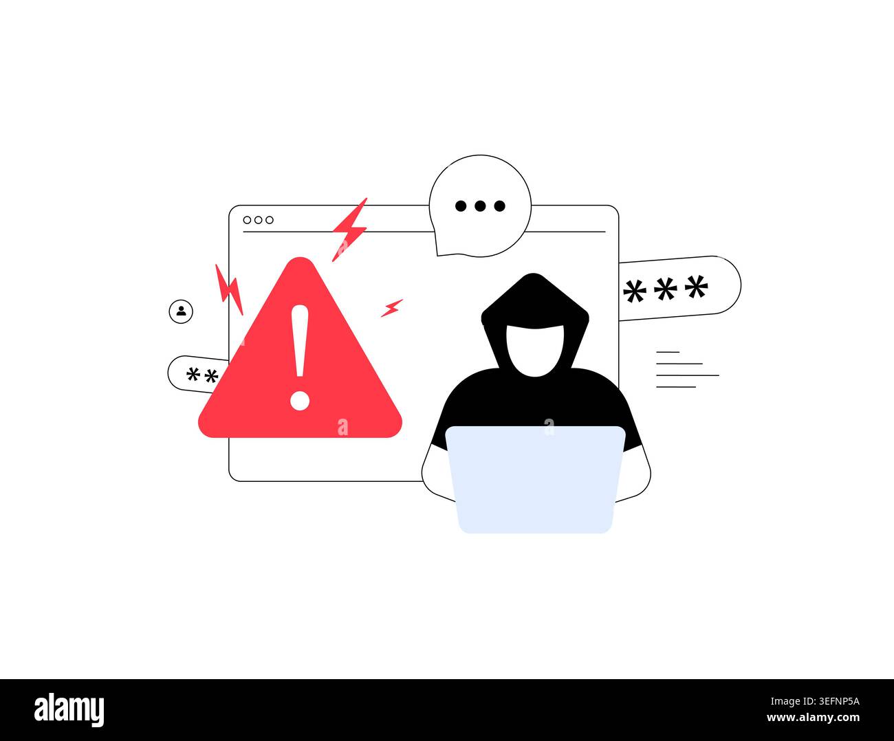 Session hijacking cyber attack hacker. Warning laptop sign stolen data ...