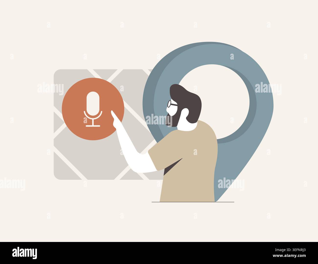 Voice search for nearby places with user location pin, microphone icon, AI assistant response. Local SEO, mobile voice technology. Smart voice search interaction modern UI vector illustration. Stock Vector