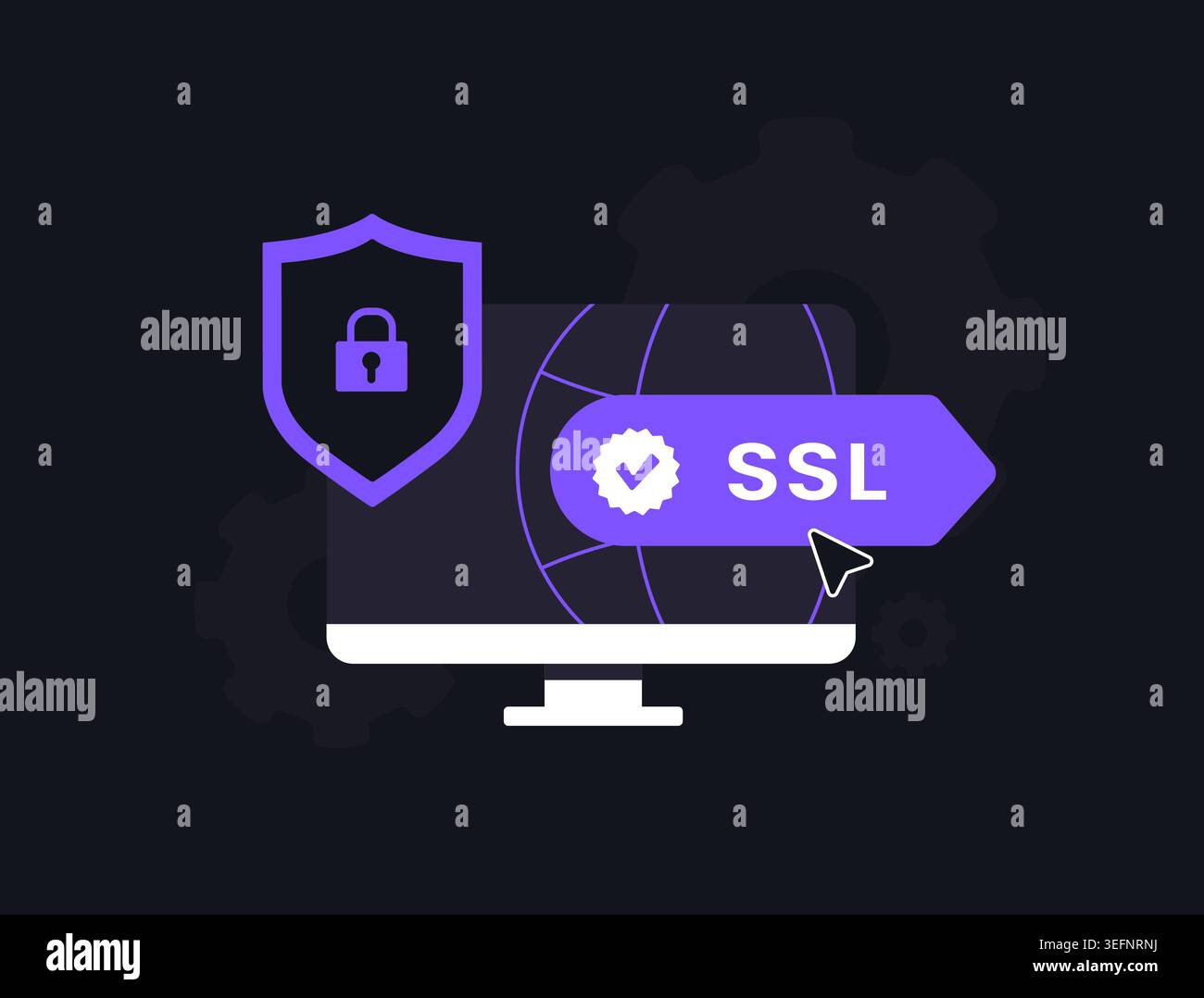 SSL security with Secure Sockets Layer protocol. HTTPS encryption, online privacy, web data protection, website security and safe internet connection for trusted browsing. Flat vector illustration. Stock Vector