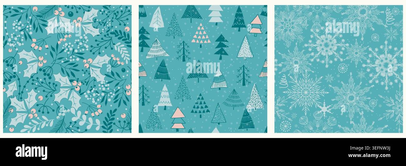 Set of Christmas seamless patterns for greeting cards, wrapping paper. Hand drawn winter backgrounds. Vector illustration Stock Vector