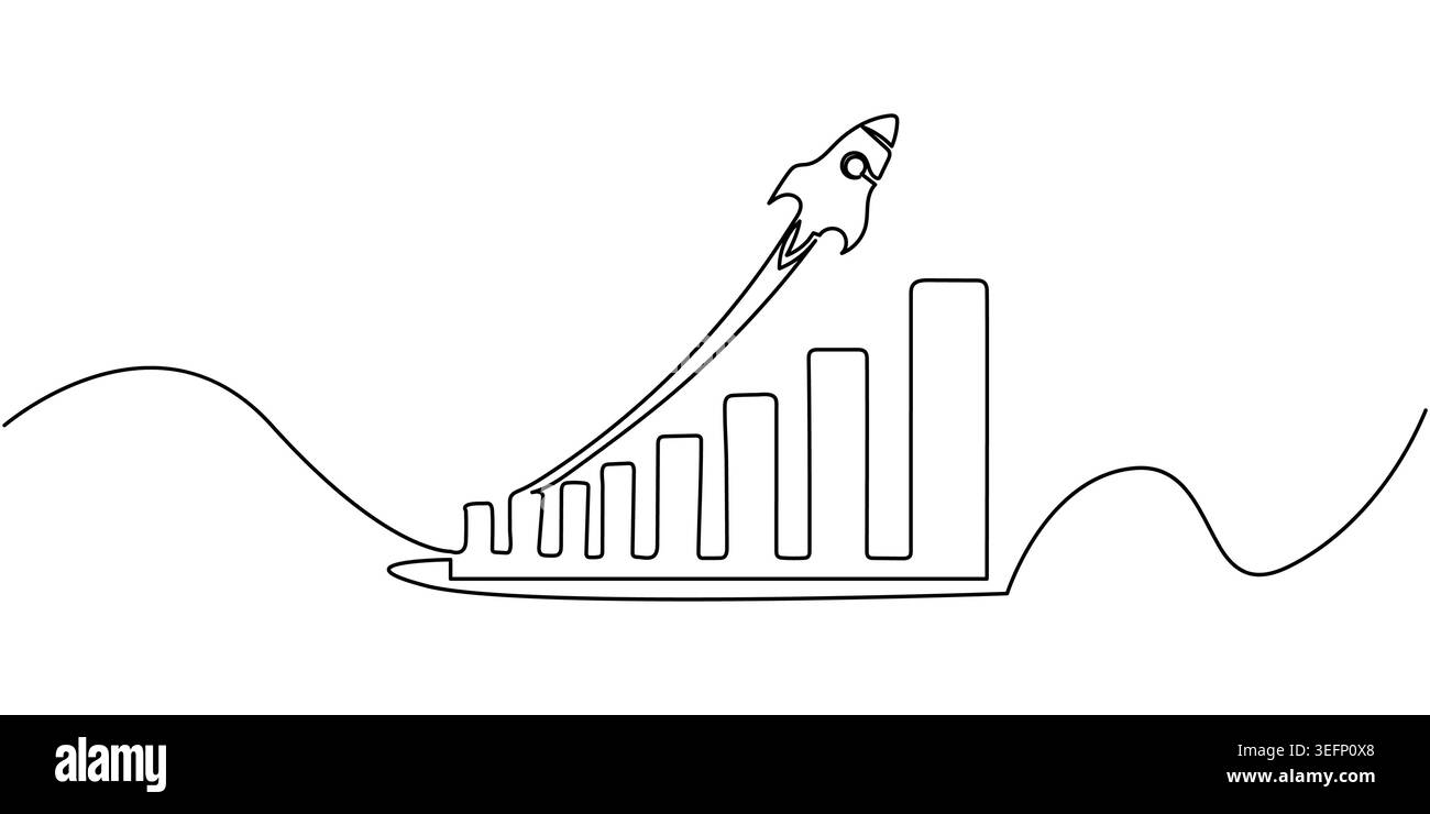Rocket Graph Line Continuous line drawing of rocket launching over bar graph, minimalist ...