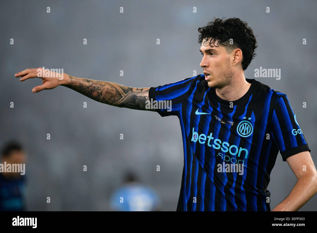 Alessandro Bastoni of FC Internazionale reacts during the 2025/2026 Coppa Italia football final between SS Lazio and FC Internazionale at Stadio Olimpico in Rome (Italy), May 13, 2026. Stock Photo