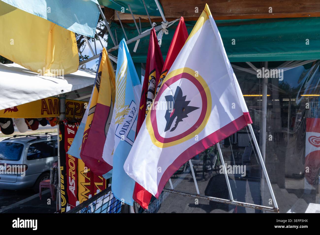 Roma, Italia. 16th May, 2026. AS Roma flags in the area in front of the ...