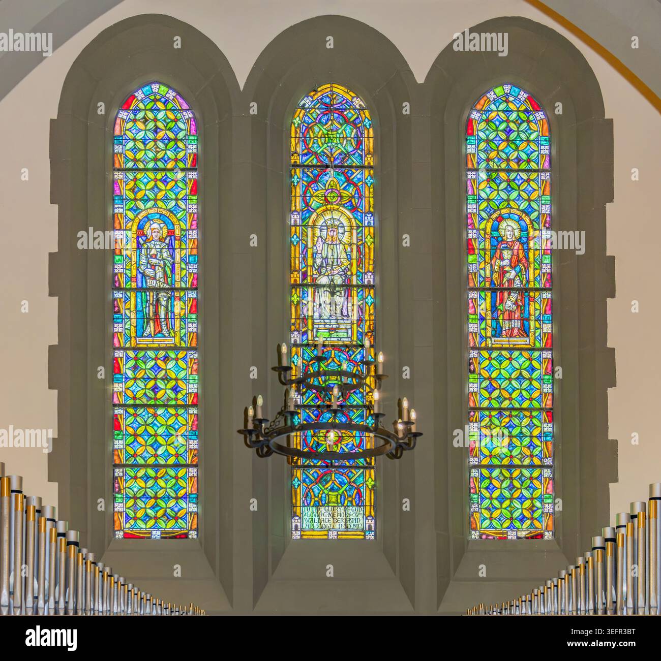 three stained glass panels in an east hampton church Stock Photo