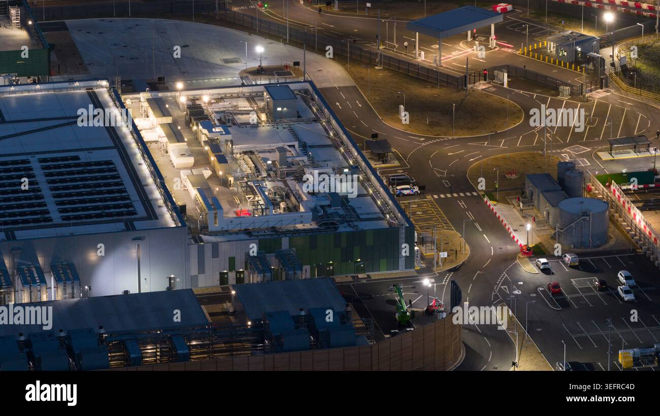Data center building at night providing cloud storage Stock Photo