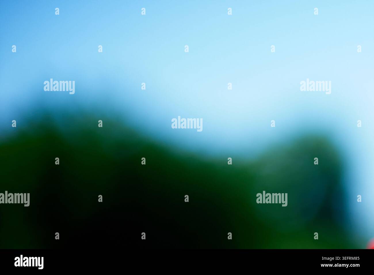 An abstract bokeh background displaying a soft, horizontal gradient transition from deep green natural foliage to a pale blue Mediterranean sky. Stock Photo