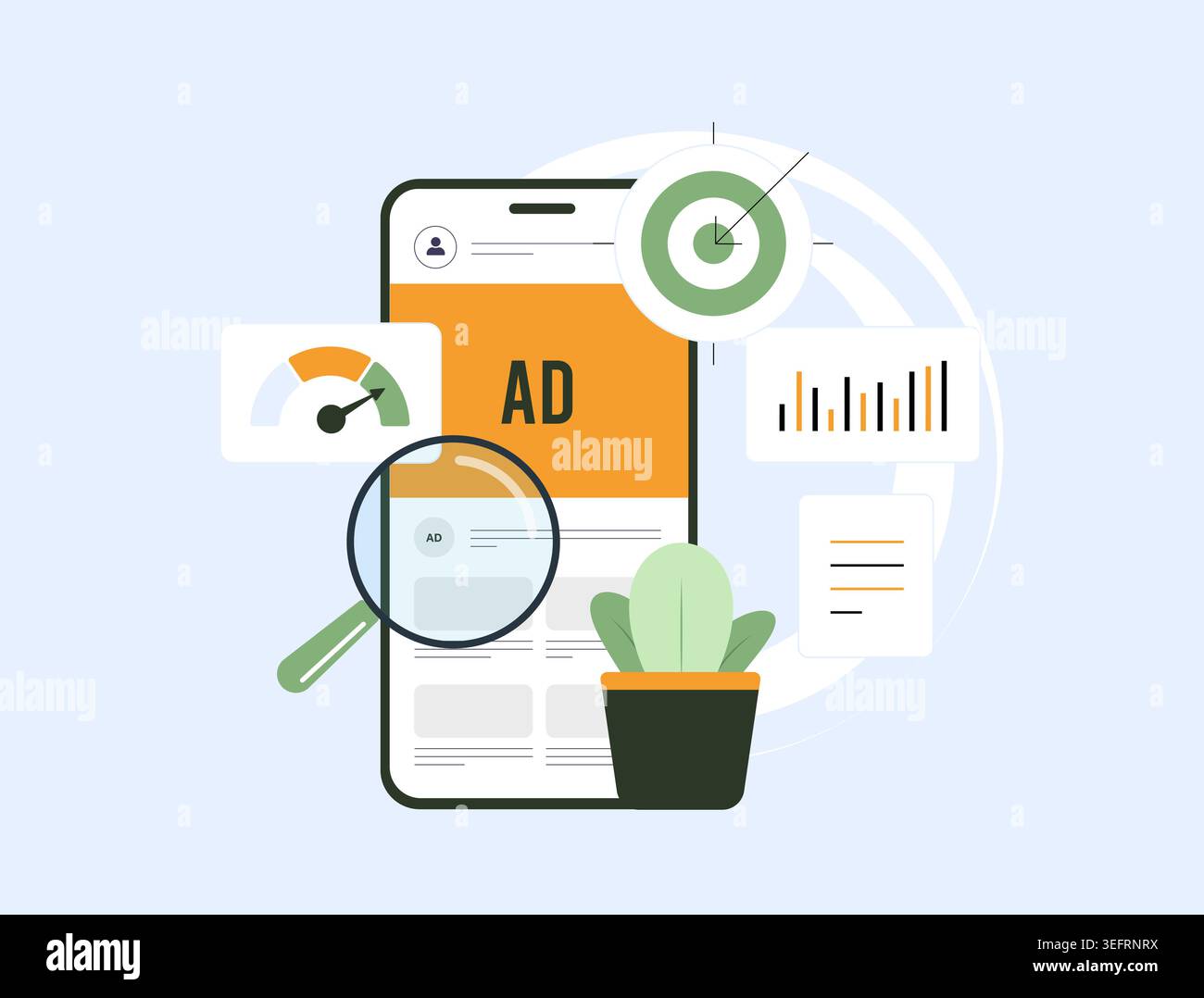 Ad analytics dashboard campaign performance and metrics on mobile screen. Ad analytics dashboard displays targeting data conversion tracking and marketing results for optimization vector illustration. Stock Vector