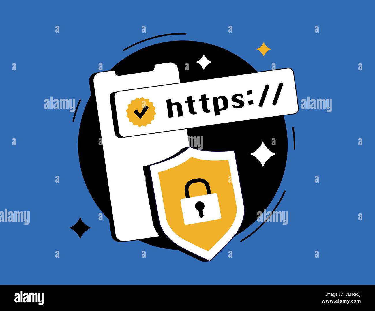 Secure website concept, HTTPS padlock, SSL certificate, internet security, https encrypted connection, online data protection. Isolated vector illustration on blue background with icons. Stock Vector