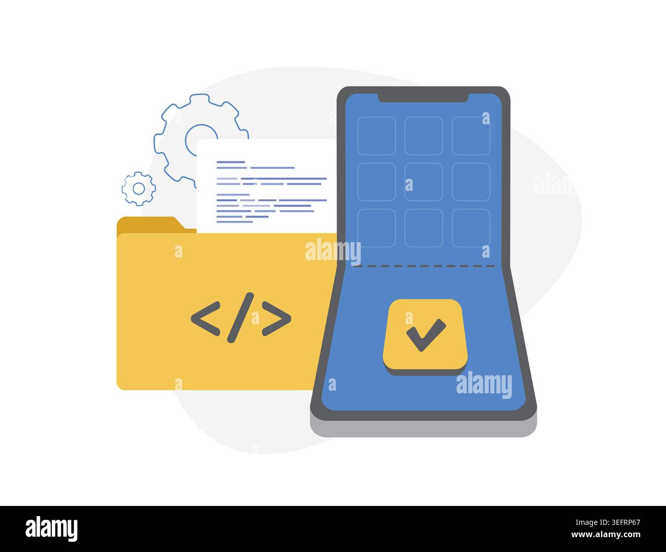 Apps Development For Foldable Devices. Design and Develop Mobile App for foldable mobile phones with dynamic screen orientation, cross-screen adaptive layout design. Isolated flat vector illustration. Stock Vector
