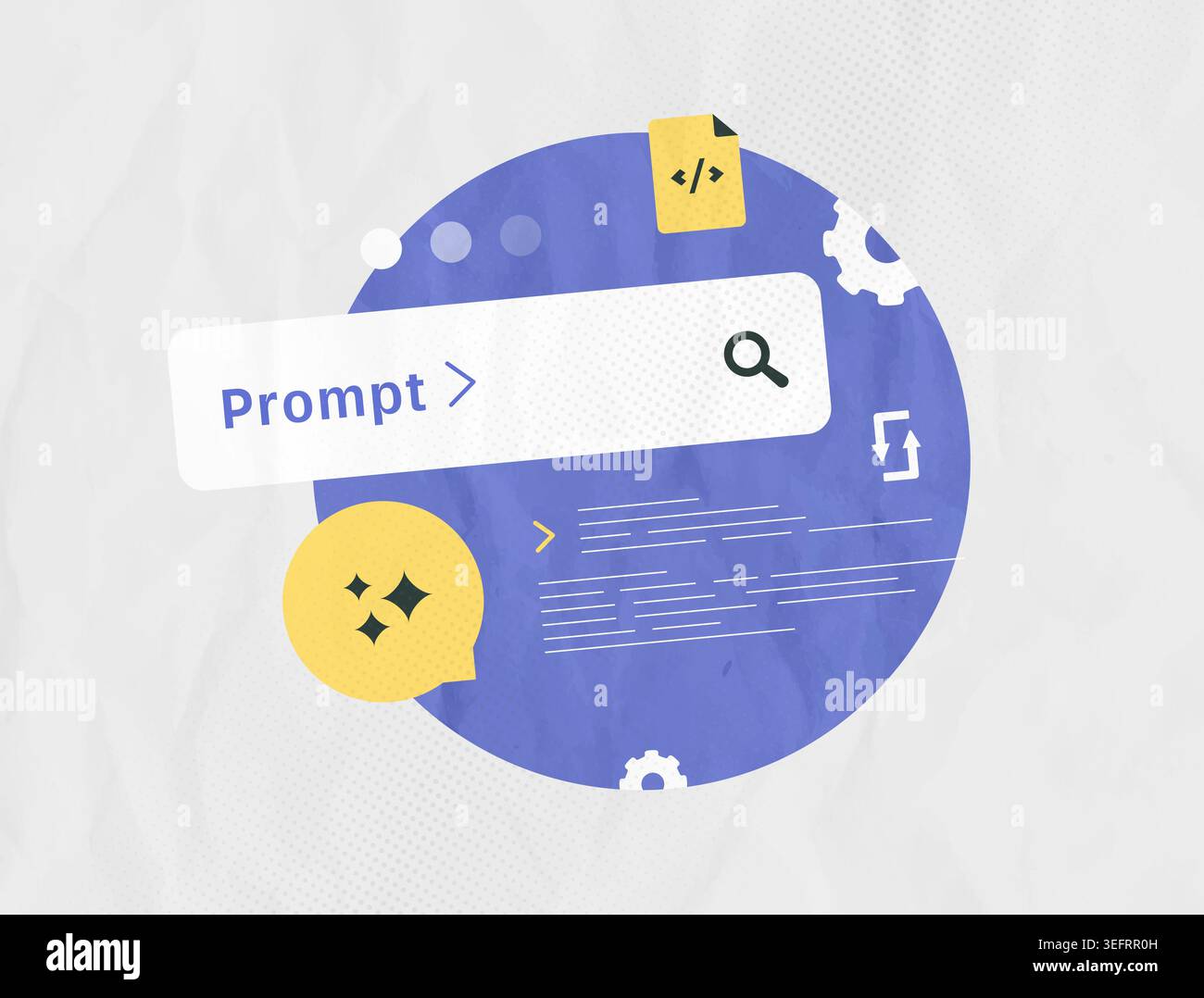 AI prompt with text input and content generation in digital interface. Prompt engineering workflow with AI content generation and text processing system vector illustration. Stock Vector
