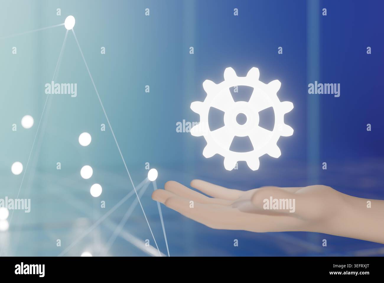 3D render of a hand holding a glowing white gear symbol against a blue background with network nodes. Represents automation, operations, settings, and Stock Photo