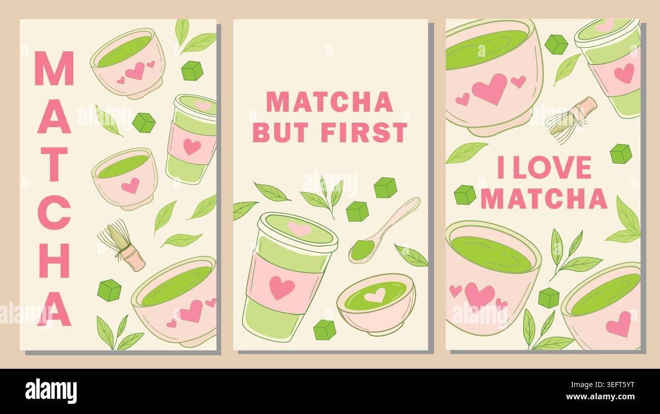 Sweet beverage art. Matcha powder drink. Hand drawn leaves. Japanese tea ceremony. Pastel food graphics. Love theme design. Stock Vector