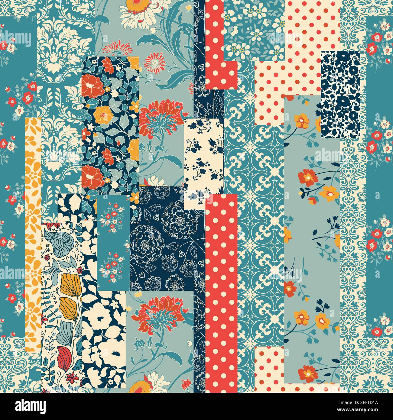 Seamless abstract colorful patchwork pattern from flowers in folk style ...