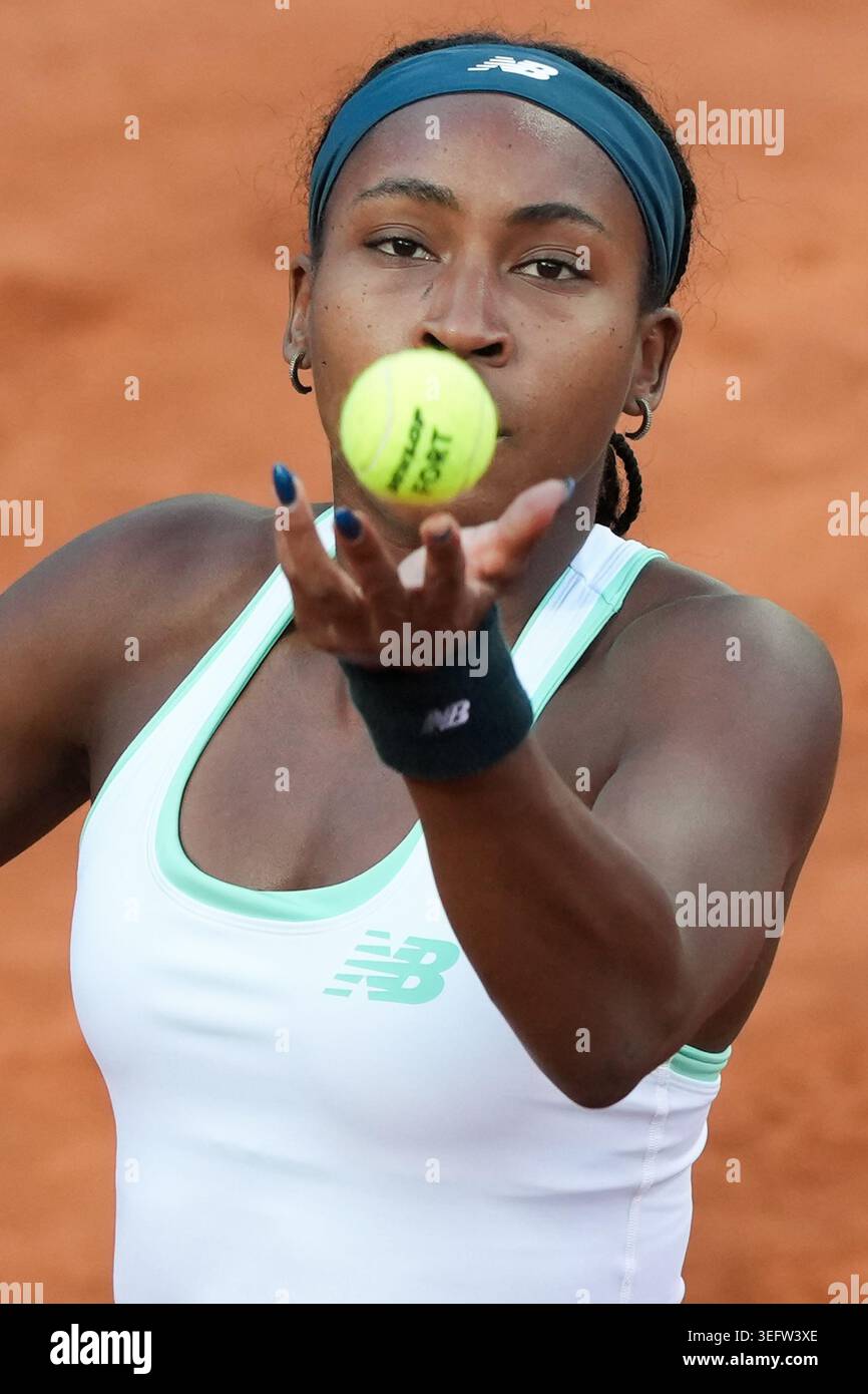 Rome, Italy. 16th May, 2026. Coco Gauff of United States serves during the match against Elina Svitolina of Ukraine at the Internazionali BNL d'Italia 2026 tennis tournament at Foro Italico in Rome (Italy) on May, 16, 2026. Credit: Insidefoto/Alamy Live News Stock Photo