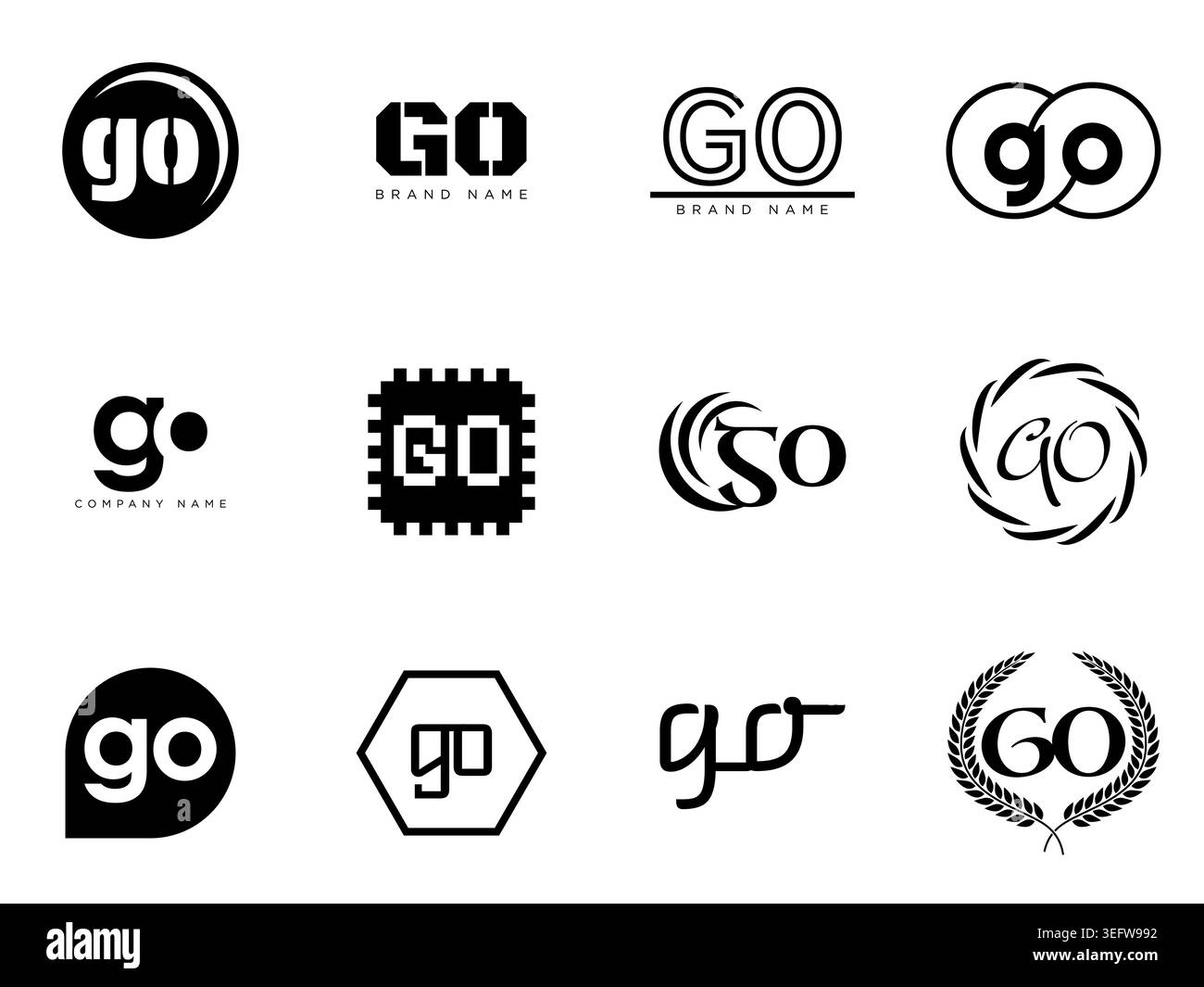 GO logo company template. Letter g and o logotype. Set different classic serif lettering and modern bold text with design elements. Initial font typog Stock Vector