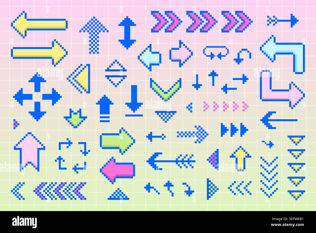Pixel art collection. Set of different arrows. Stock Vector