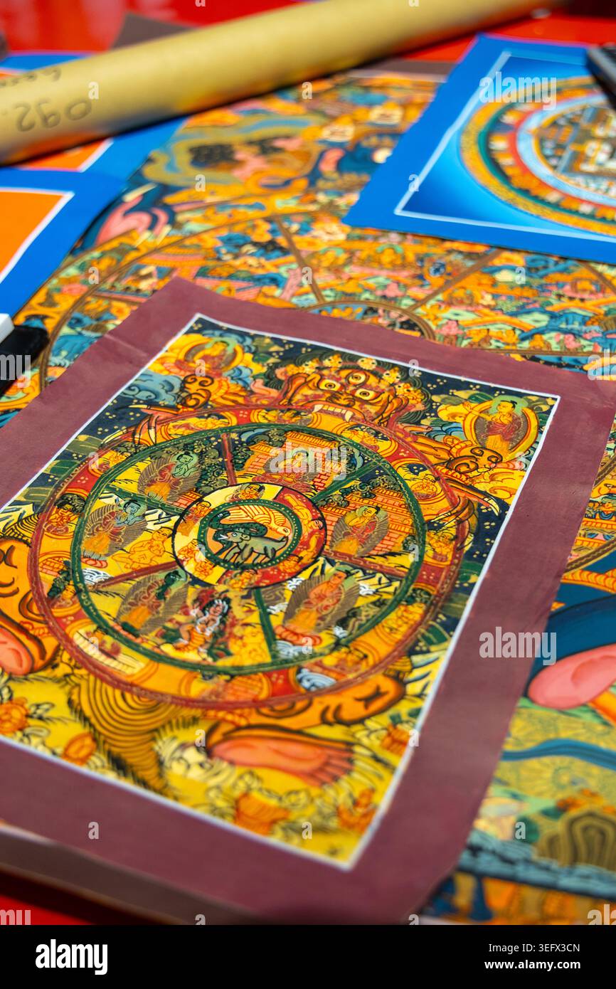 Hand-drawn Nepalese mandala thangka paintings for sale in Kathmandu, Nepal Stock Photo