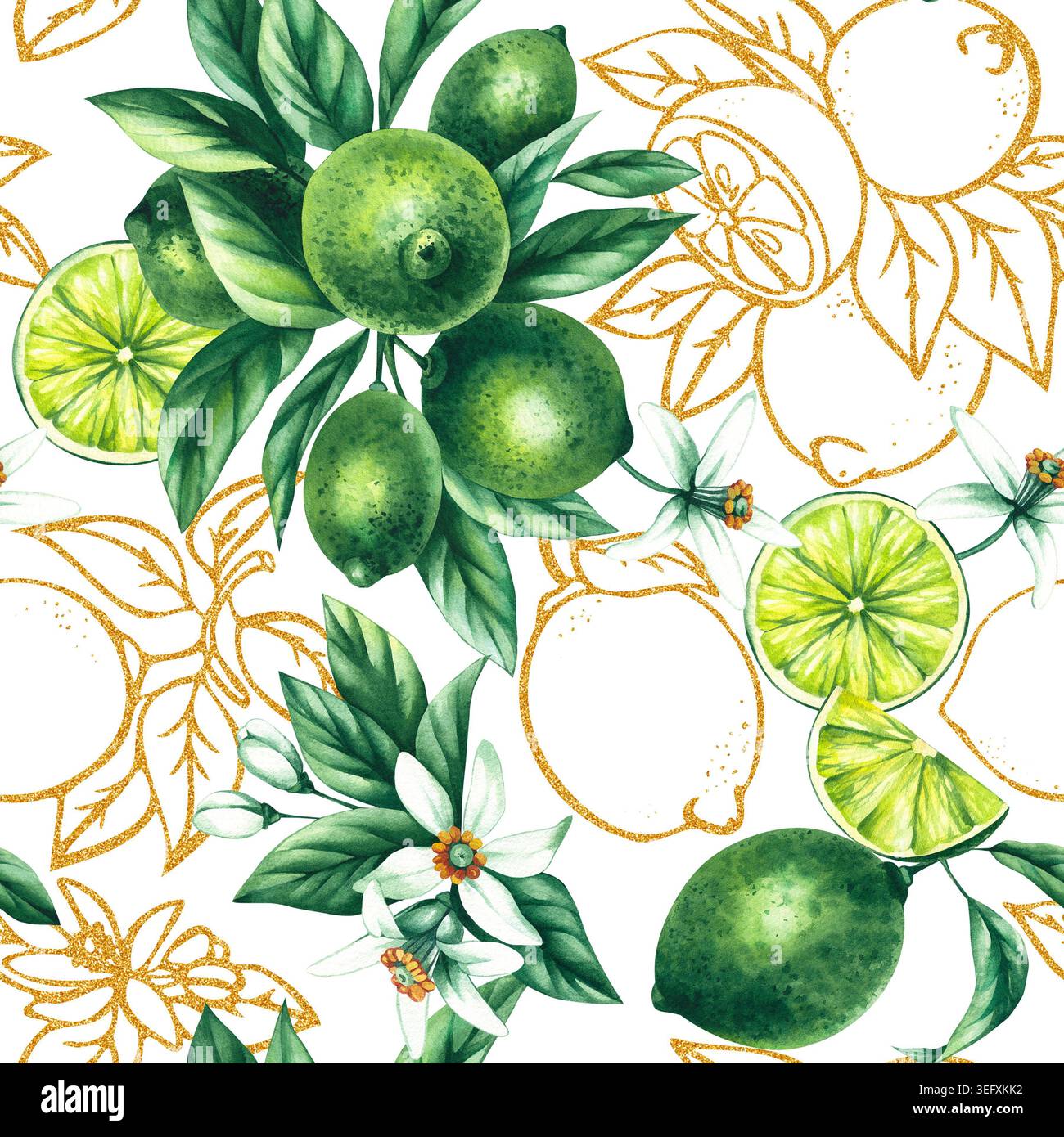 Lime seamless pattern. Watercolor hand-drawn citrus Stock Photo
