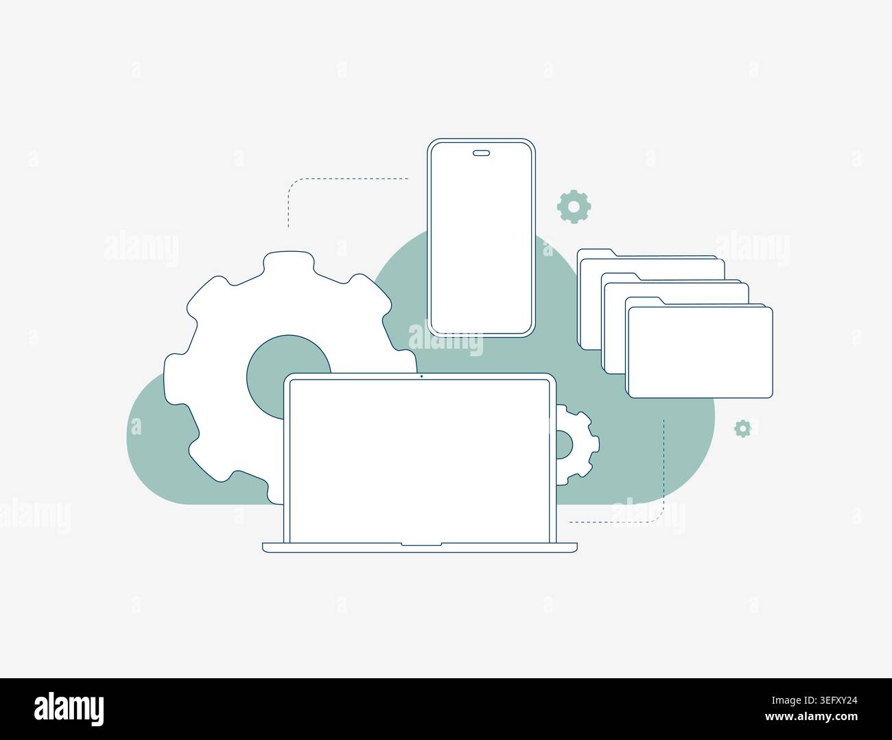 File synchronization with cloud storage and device connection in digital interface. Sync files between devices and manage backup for secure access and data transfer vector illustration. Stock Vector