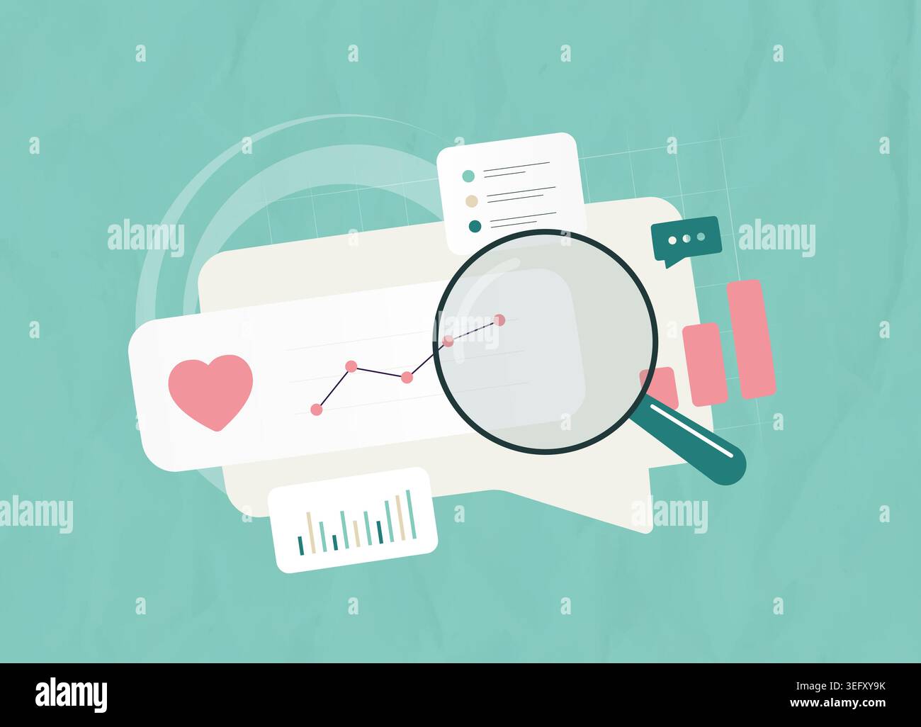 Social media monitoring with sentiment analysis and performance tracking in digital interface. Analyze data and feedback for brand insights and KPI tracking in marketing vector illustration. Stock Vector