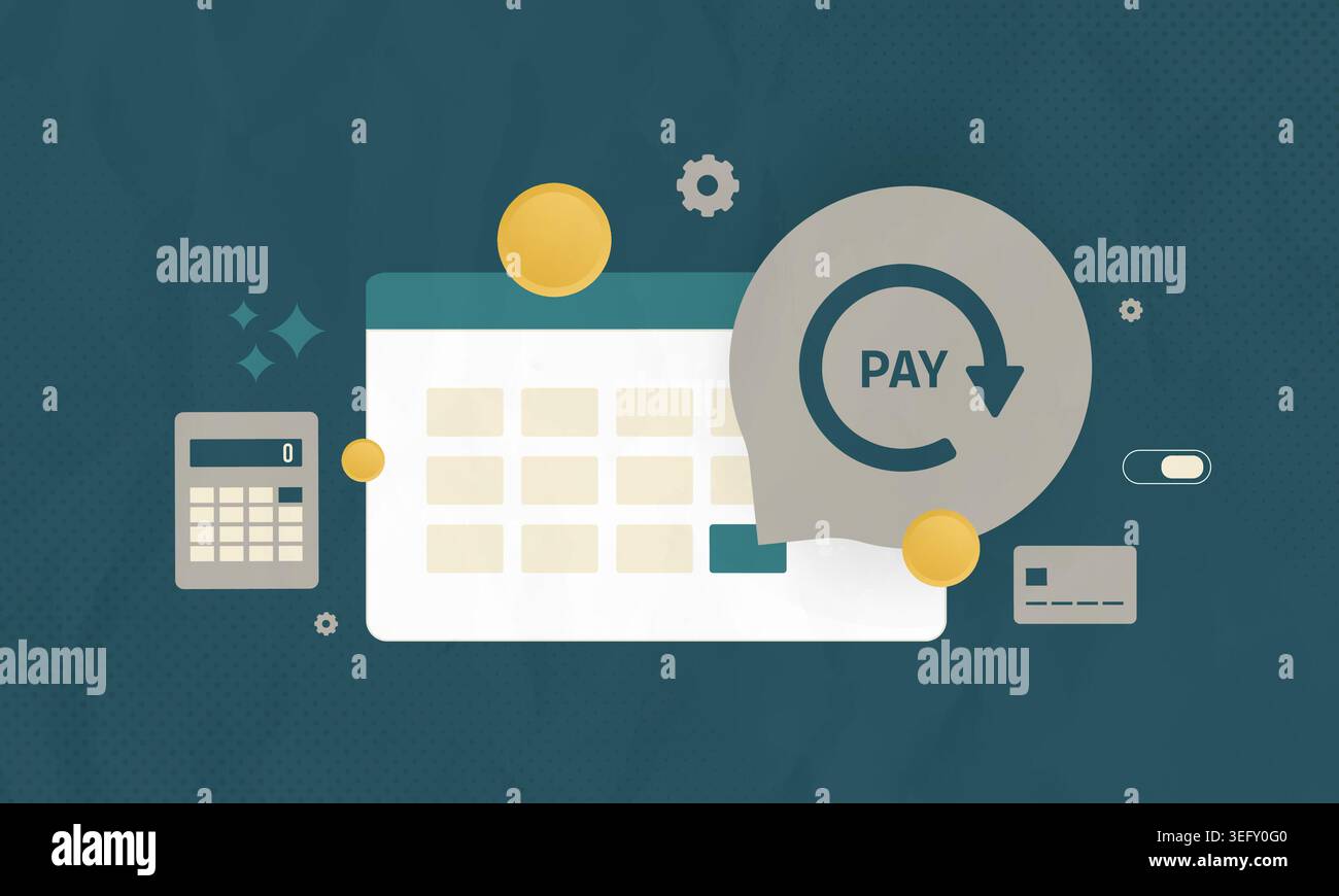 Subscription payment with recurring billing and automated transaction in digital interface. Recurring payment workflow with subscription billing system and payment processing vector illustration. Stock Vector