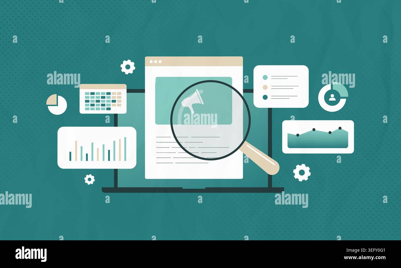 Digital advertising analytics with ad performance tracking and campaign analysis in web interface. Marketing analytics workflow with data analysis, performance monitoring process vector illustration. Stock Vector