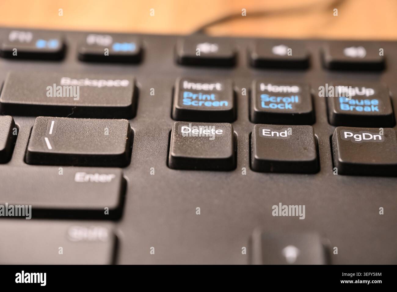 Minimal Black Keyboard Macro Compositions Highlighting Delete Key in Soft Focus Angled Top View Stock Photo