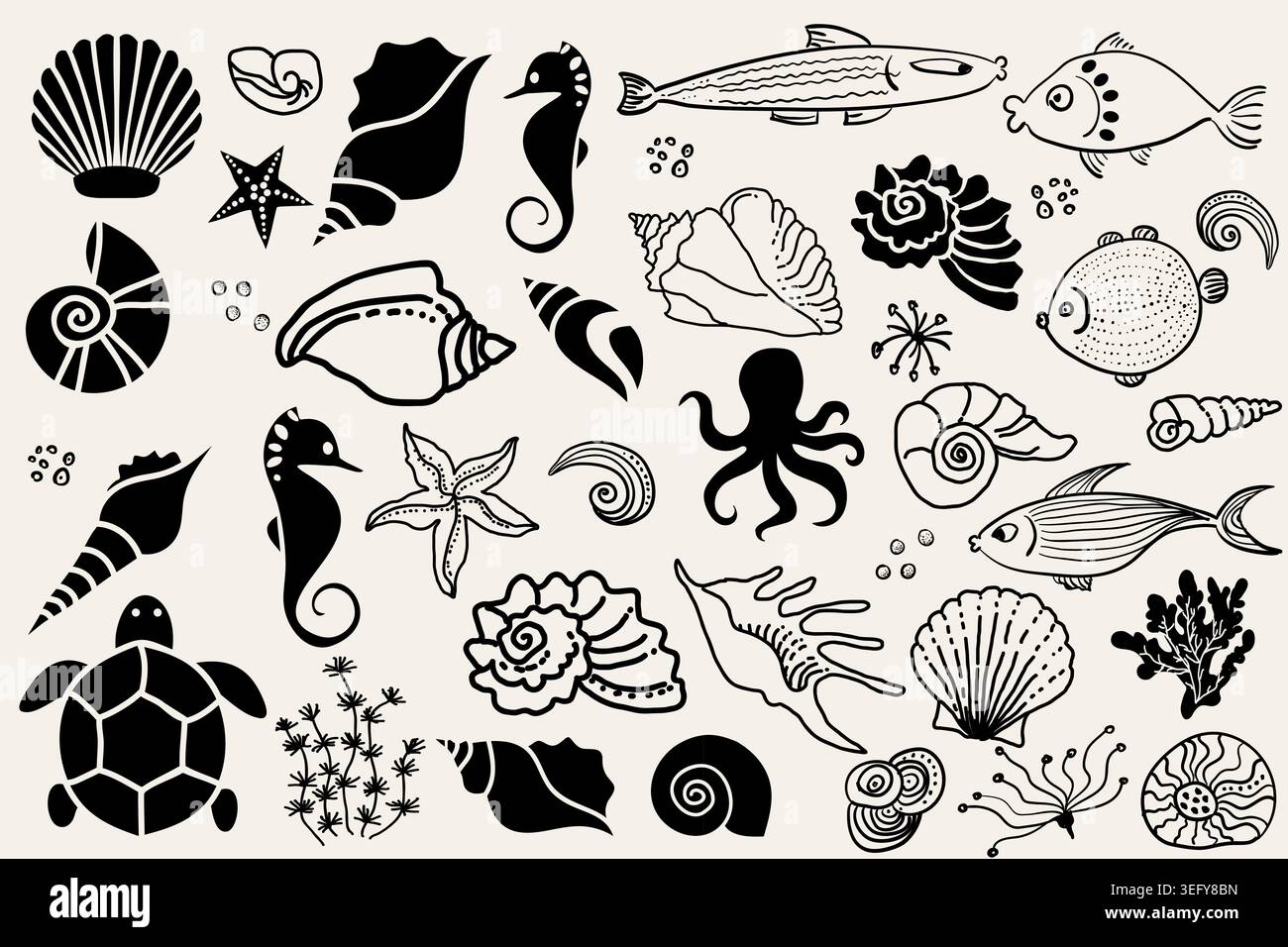 Set of sea bottom, shell, algae, fish. Doodles. Handmade decorative elements. Vector illustration Stock Vector