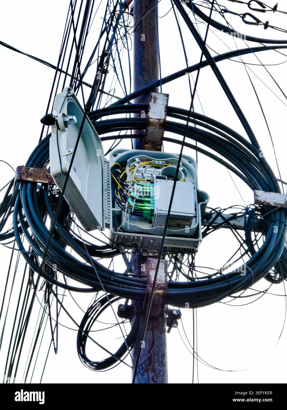 Data Cable Open An open fiber optic distribution box attached to a utility pole in ...