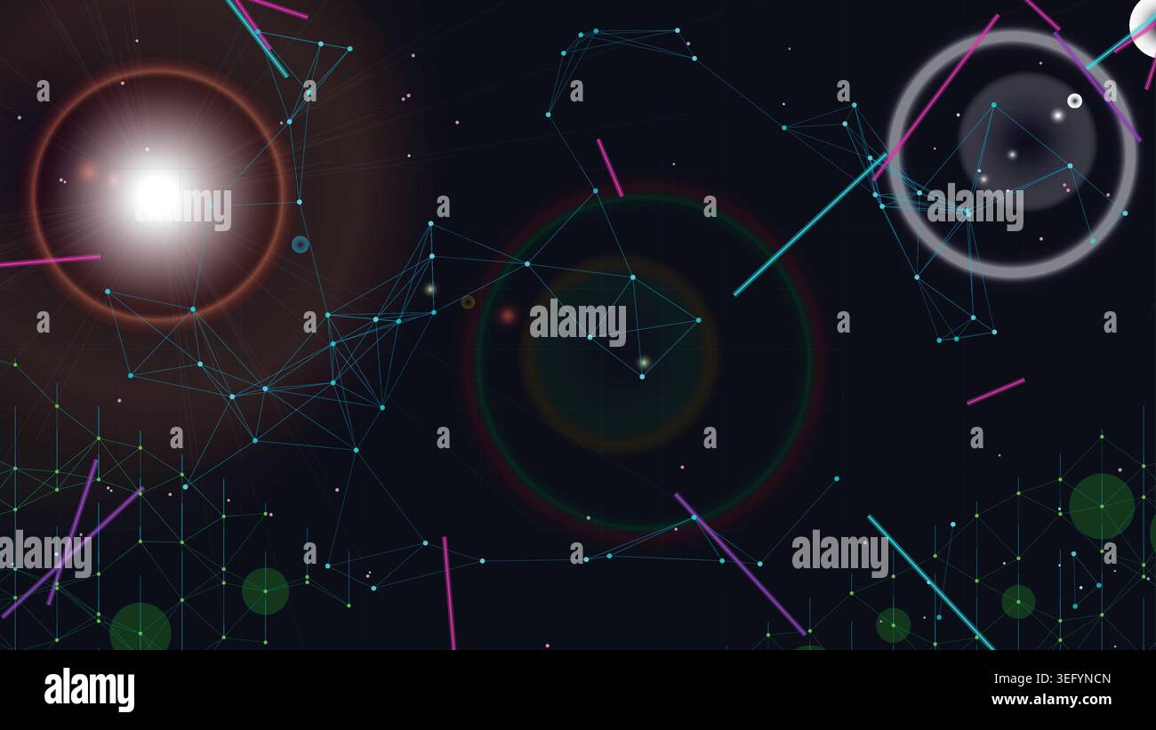 Vibrant network visualization with glowing nodes and lines on dark background Stock Vector